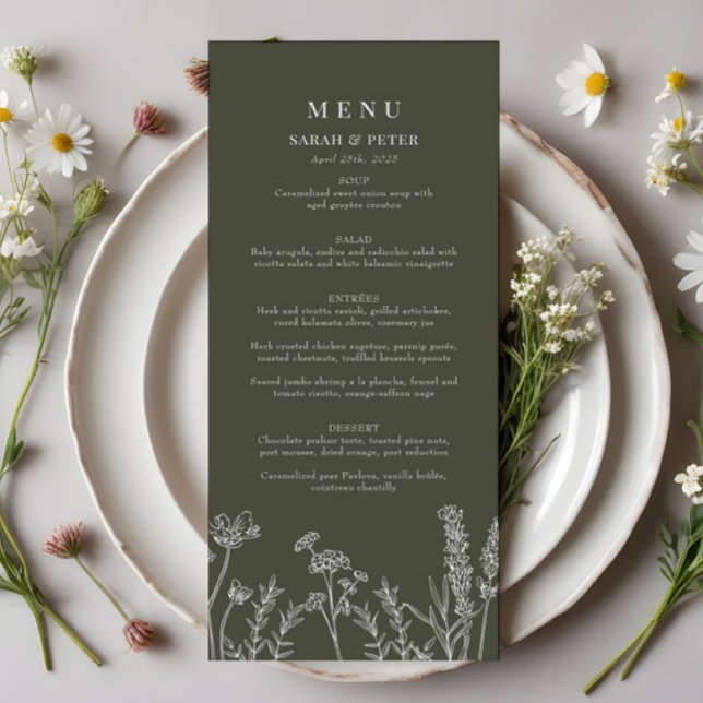 Boho Olive Green Wildflower Flat Menu (Criador carregado)