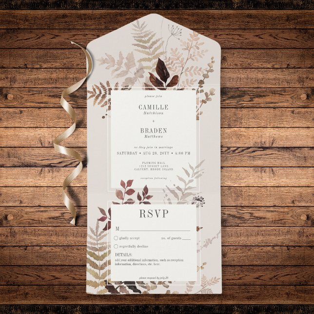 Boho Outono Marrom Botânico Casamento Sem Jantar (Modern Autumn Brown Ferns & Leaves No Dinner All In One Invitation)
