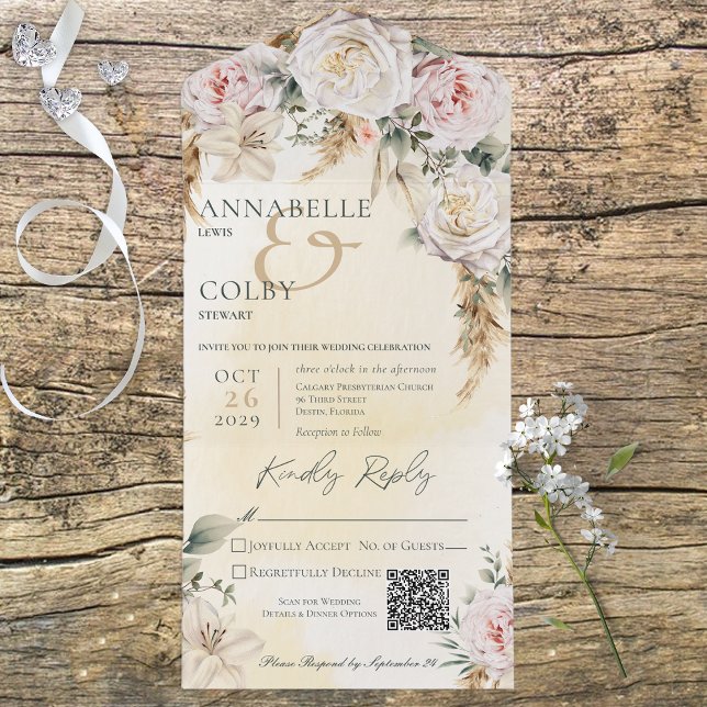Boho Pampas e Rosas Rosa Amarelas Código QR (Criador carregado)