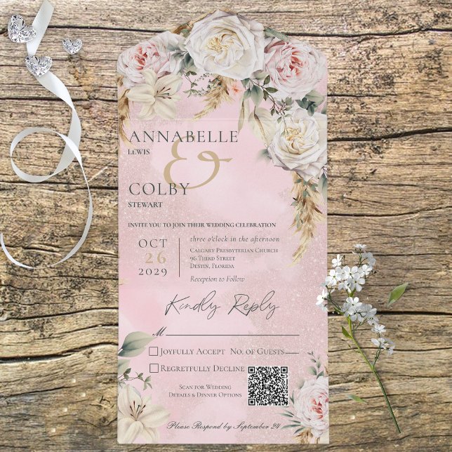 Boho Pampas e Rosas Rosa Cor-de-Rosa Código QR Ros (Also available without a QR code; with or without dinner selection options.)