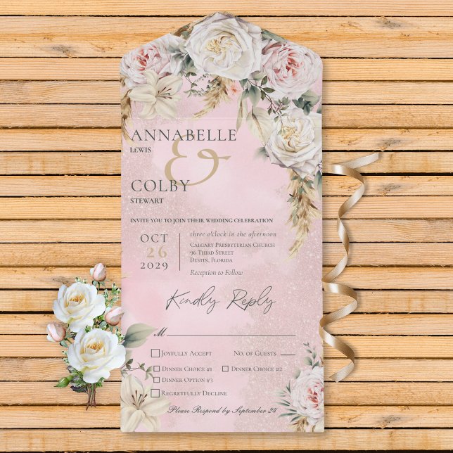 Boho Pampas e Rosas Rosa Janto Rosa 3 (Boho Pampas & Pink Roses Pink 3 Dinner All In One Invitation)