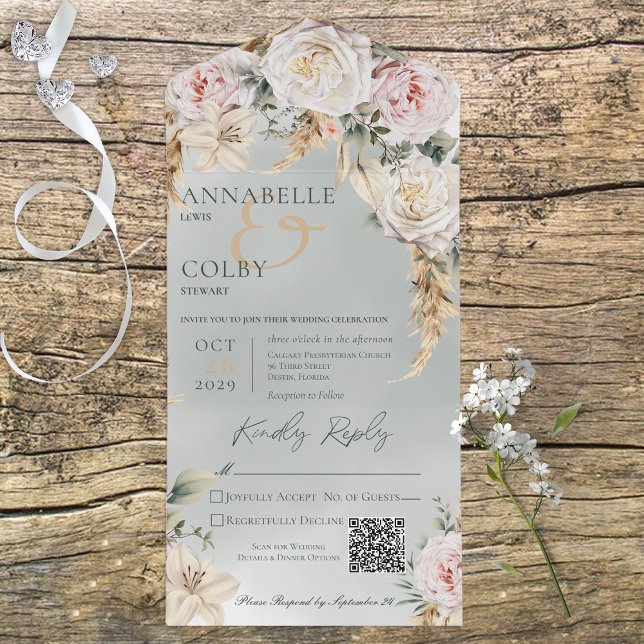 Boho Pampas e Rosas Rosa Verde Código QR (Criador carregado)
