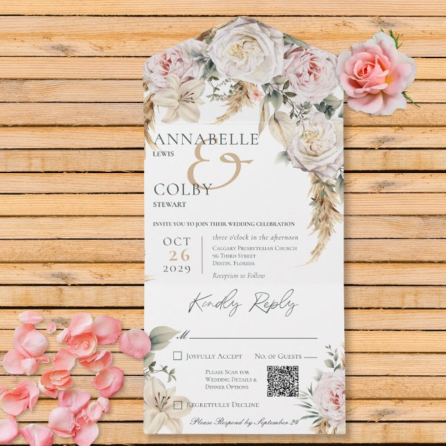 Boho Pampas e Rosas Rosa White Código QR (Boho Pampas & Pink Roses White QR Code All In One Invitation)