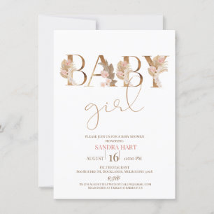 Boho Pampas Grass Baby Girl Chá de fraldas Convite