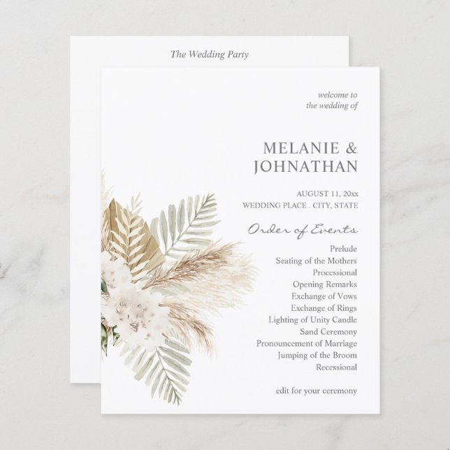 Boho Pampas Grass & Beige Cerimônia de Casamento (Frente/Verso)