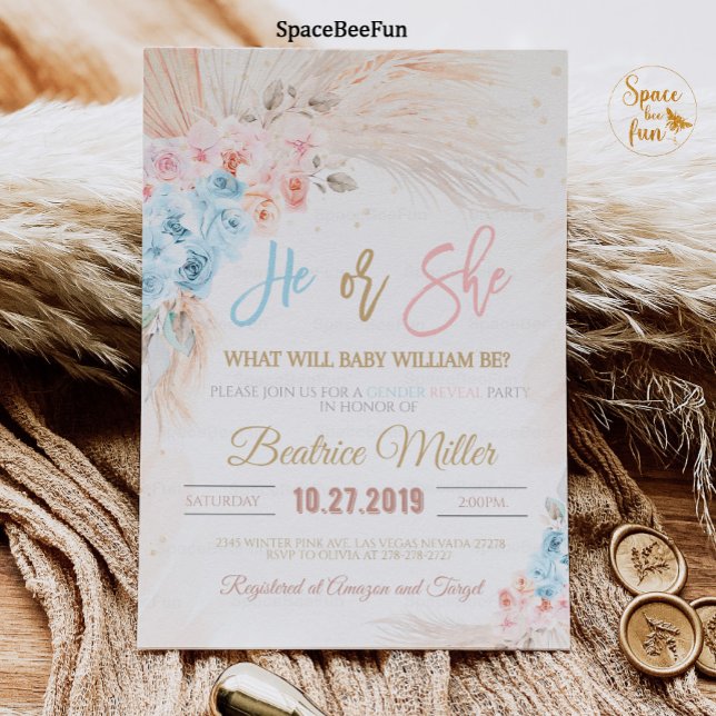 Boho Pampas Grass Chá de fraldas Convite A Ele Ou  (Boho Pampas Grass Baby Shower Invitation Bohemian Gender reveal)