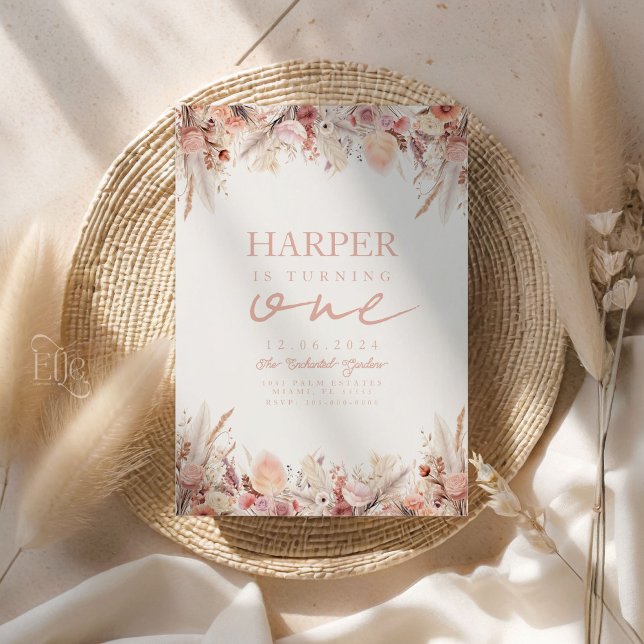 Boho Pampas Grass First Convite de aniversário (Boho Pampas Grass 1st Birthday Party Invitation)