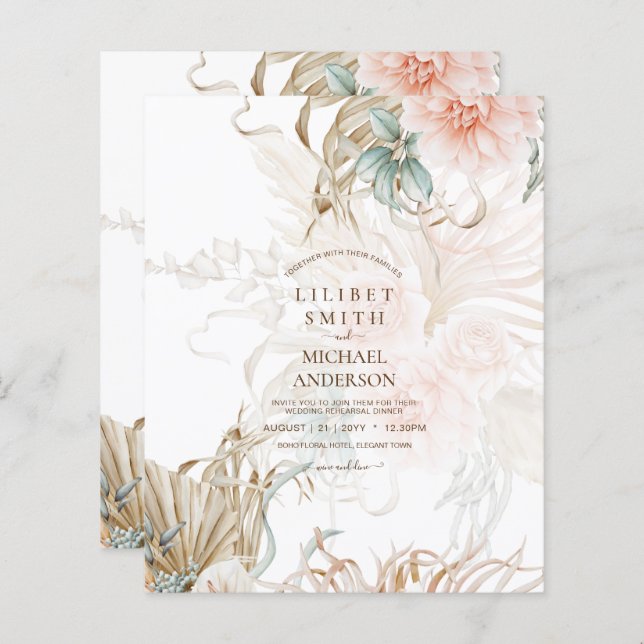 BoHO Pampas Grass Floral Coral Sage Casamento (Frente/Verso)