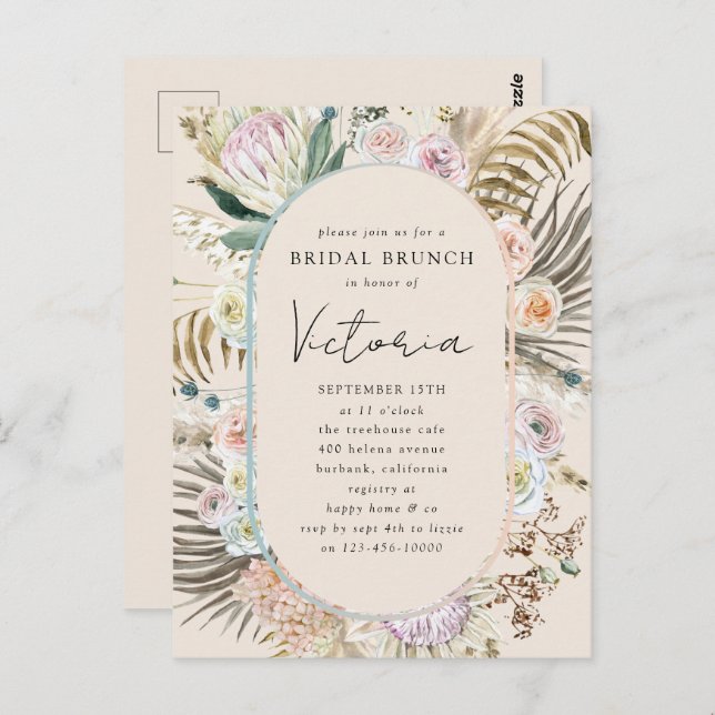 Boho Pampas Grass Florals Bridal Brunch Convite (Frente/Verso)