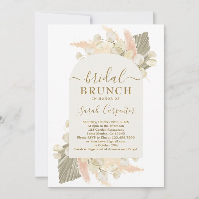Boho Pampas Grass Lunaria Bridal Brunch Convite (Frente)