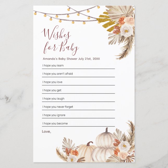 Boho Pampas Grass Pumpkin Deseja Bebê (Frente)