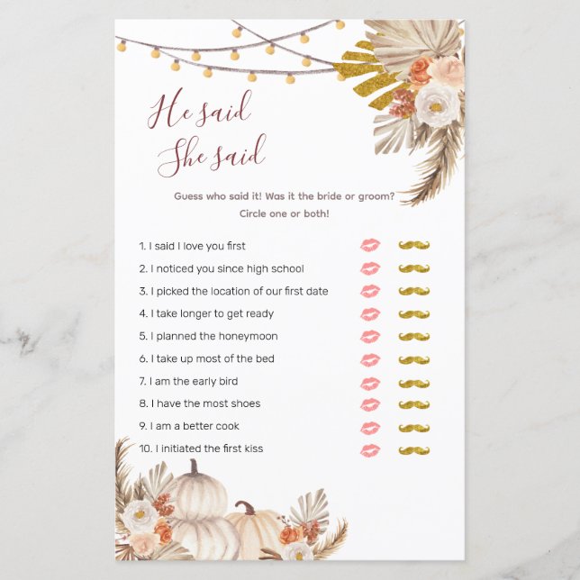 Boho Pampas Grass Pumpkin Ele disse que ela disse  (Frente)