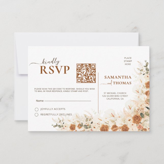 Boho Pampas lily & Eucalyptus QR Wedding RSVP (Frente)
