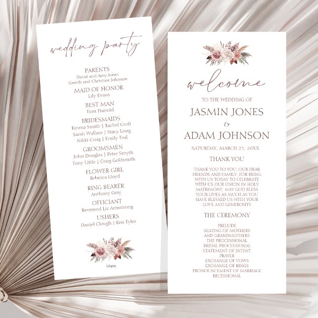 Boho Pampas Neutral Floral Wedding Program (Boho Dusty Pink Dried Flowers Wedding Program)