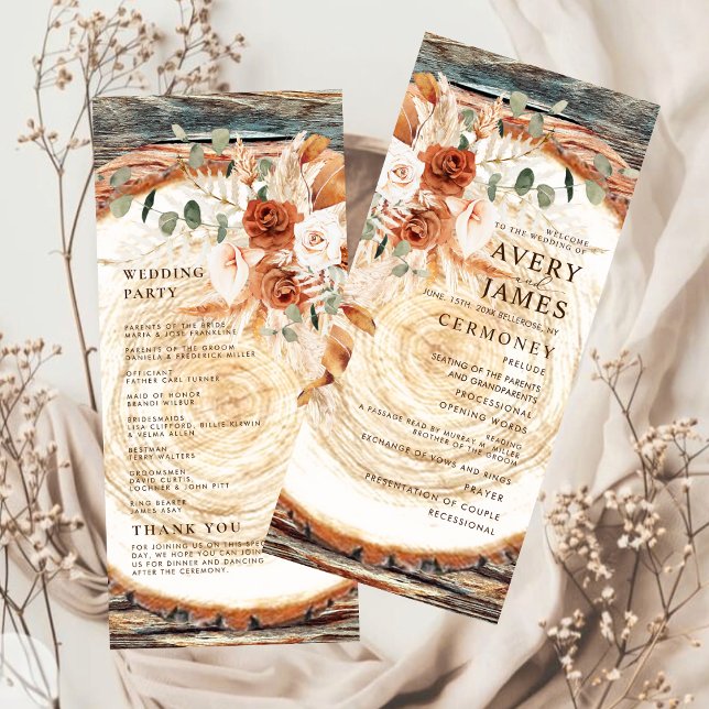 Boho Pampas Rustic Wood Slice Wedding Program  (Criador carregado)
