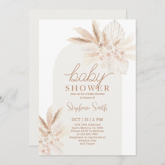 Boho Pampas Sexo Convite para Chá de fraldas Neutr (Frente/Verso)