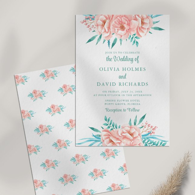 Boho Peach e Turquoise Convite Floral para Casamen (Boho Peach and Turquoise Floral Wedding Invitation on white table.)