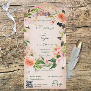 Boho Peach Floral Wreath & Feather Código QR