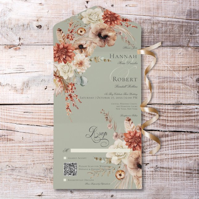 Boho Peach & Rust Floral & Feather Green Código QR (Boho Peach & Rust Floral & Feather Green QR Code All In One Invitation)