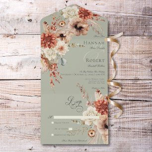 Boho Peach & Rust Floral & Feather Green Sem Janto