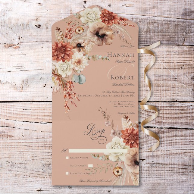Boho Peach & Rust Floral & Feather Peach No Janto (Boho Peach & Rust Floral & Feather Peach No Dinner All In One Invitation)