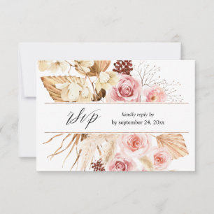 Boho Pink & Beige Floral Pampas com RSVP de Refeiç