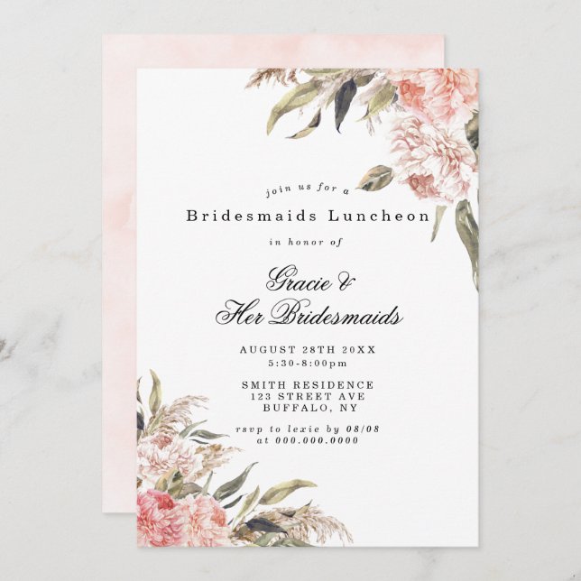 Boho Pink Bridesmaids Luncheon Convida (Frente/Verso)
