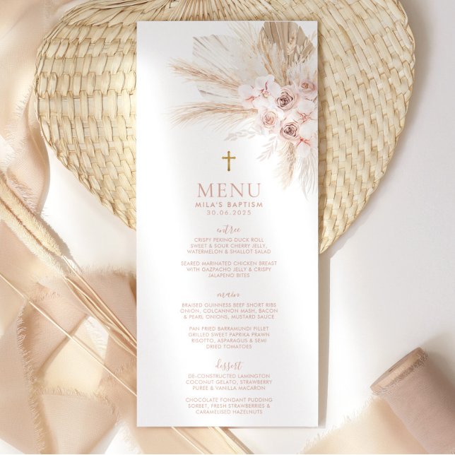 Boho Pink Floral Girls Baptism Menu Christening (Criador carregado)