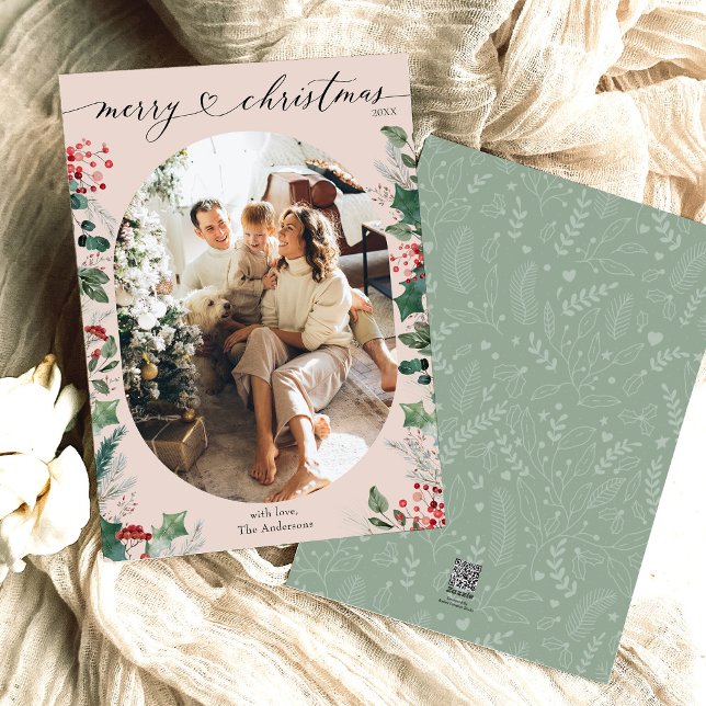 Boho Pink Green Oval Foto Feliz Cartão de Natal (Criador carregado)