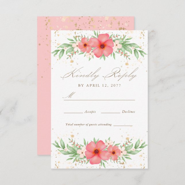 Boho Pink & Ivory Greenery Casamento Floral RSVP (Frente/Verso)