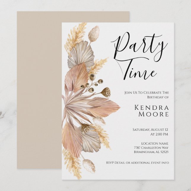 Boho Pompas Grass Convite De Aniversário Para Qual (Frente/Verso)