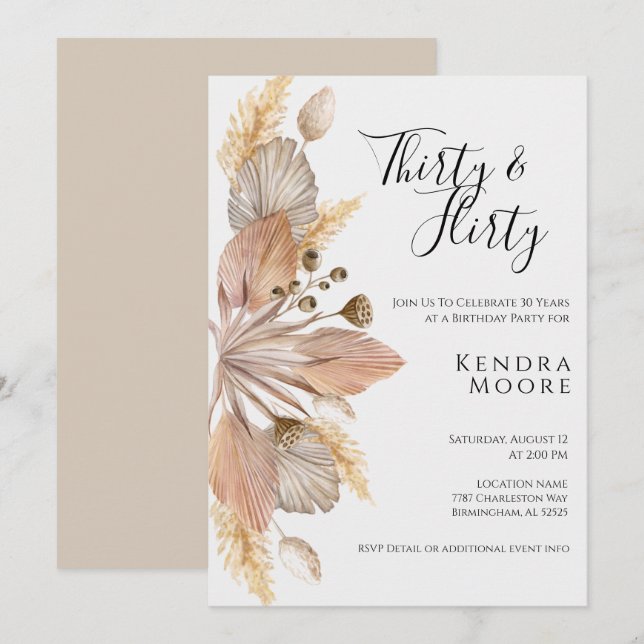 Boho Pompas Grass Trinta e Flirty Bday Convite (Frente/Verso)