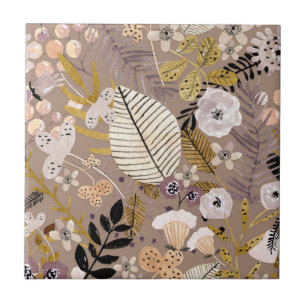 Boho Preto Branco Dourado Pêssego Folha Floral Des