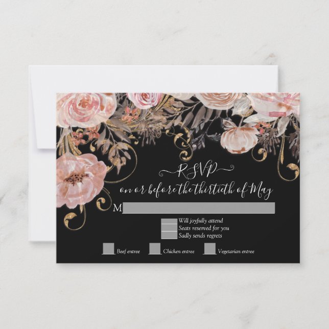 Boho Preto Floral Rosa Dourado Rosa RSVP Personali (Frente)