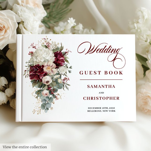 Boho profundo vermelho blush gold floral livro de  (Boho deep red blush gold floral wedding guest book

)