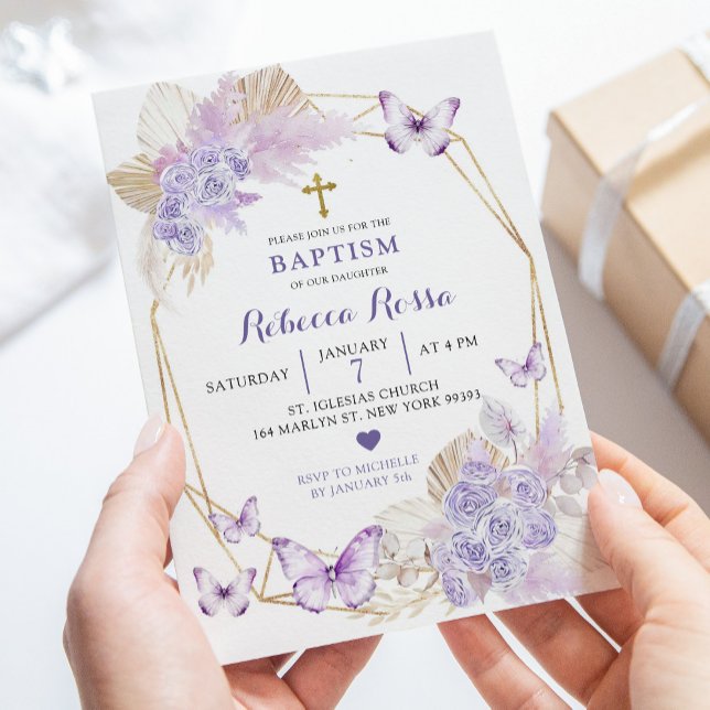 Boho Purple Floral Butterfly Baptism Convite (Criador carregado)