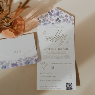 Boho Purple Floral Faux Dourado Casamento de Scrip