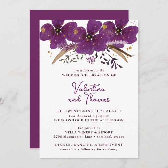 Boho Purple Watercolor Flowers Convite De Casament (Frente/Verso)
