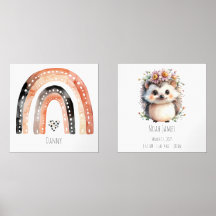 Boho Rainbow & Cute Hedgehog Nursery Art
