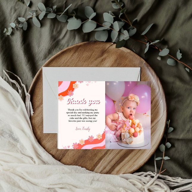 Boho Retro Groovy Daisy Birthday cartões de agrade (Criador carregado)