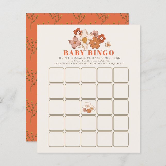 Boho Retro Groovy Floral Chá de fraldas Bingo Game (Frente/Verso)