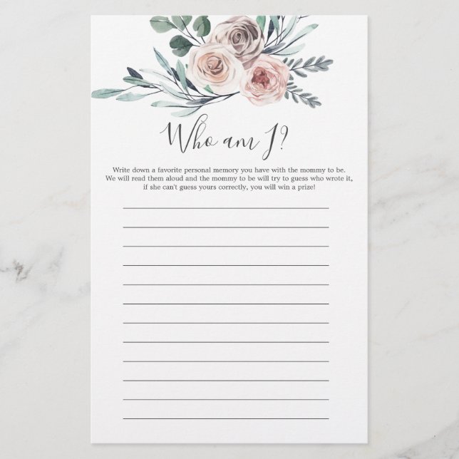 Boho Rosa Chá de fraldas Quem Sou Eu Jogo (Frente)