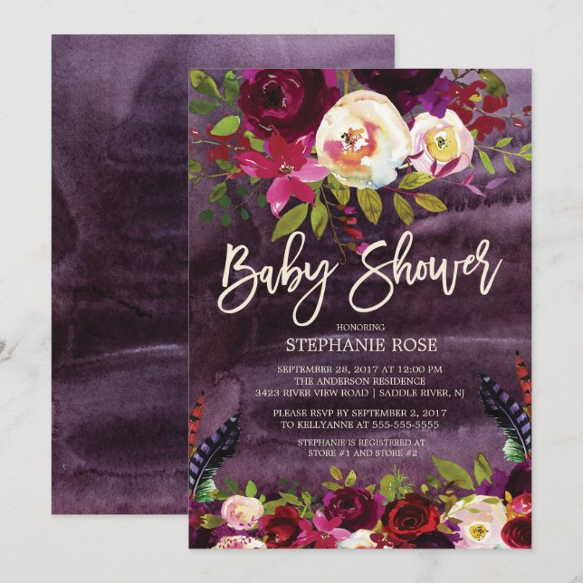 Boho Rosa Purple Floral Chá de fraldas Convite (Frente/Verso)