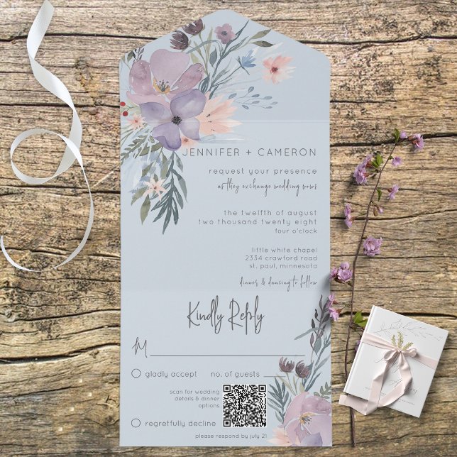 Boho Rosa Púrpura e Azul Azul Floral Código QR (Also available without a QR code; with or without dinner selection options.)
