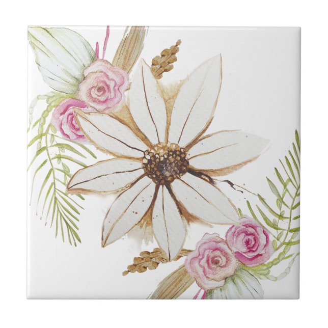 Boho Rosa Verde Branco Marrom Floral Decorativo  (Frente)