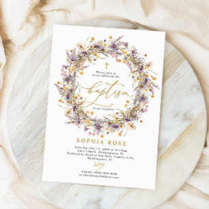 Boho Roxo Flores Selvagens Batismo Convite