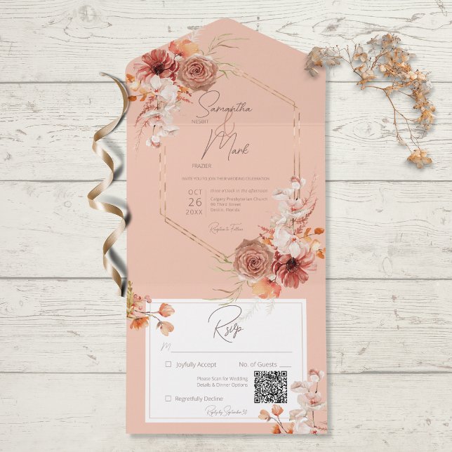 Boho Rust Fall Floral no Peach QR Code (Criador carregado)
