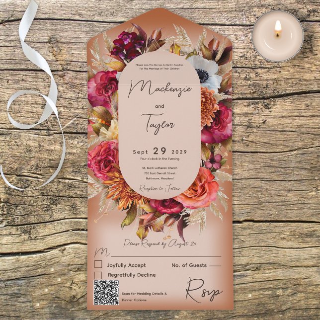 Boho Rust Modern Floral Wreath QR Code (Criador carregado)