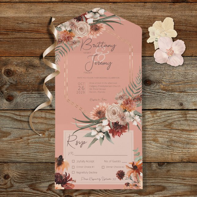 Boho Rust & Neutral Fall Floral Peach Janto Rust (Also available with a QR code or with dinner selection options.)