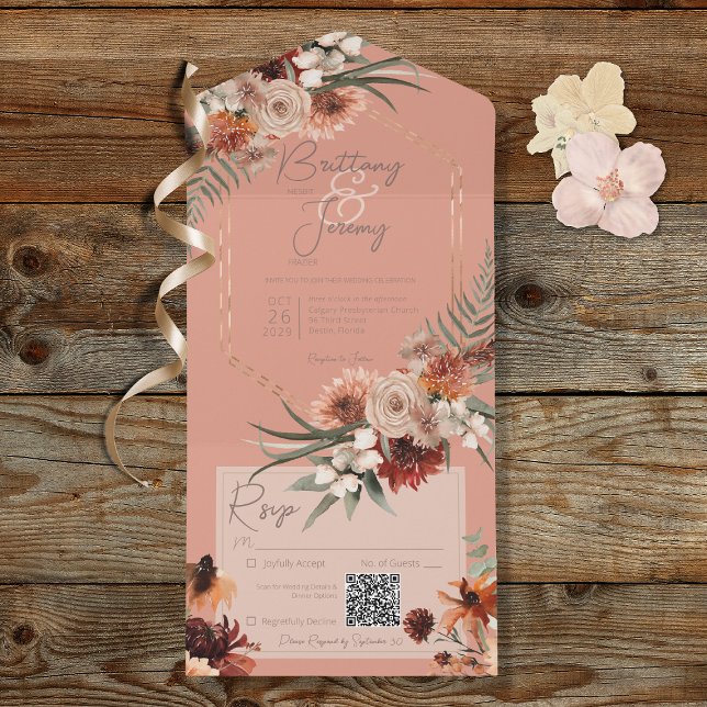 Boho Rust & Neutral Queda Pêssego Floral Código QR (Also available without a QR code; with or without dinner selection options.)